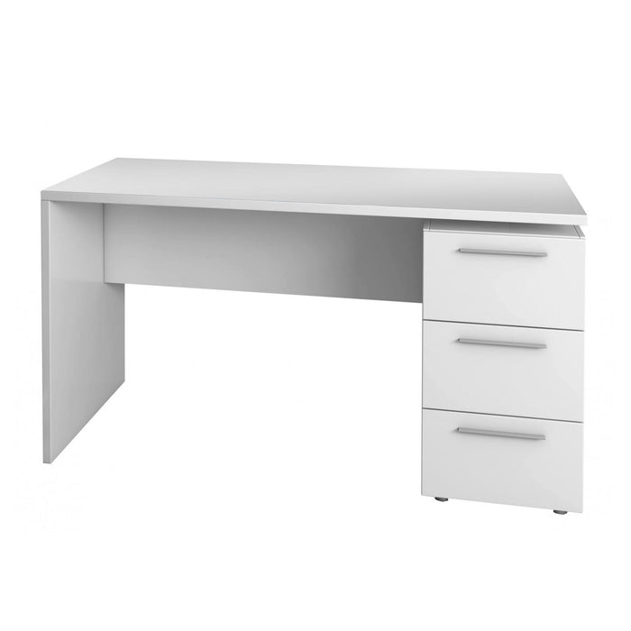 Scrivania Dallas, Scrittoio da ufficio moderno, Tavolo da studio con cassettiera a 2 cassetti e 1 anta, cm 138x60h74, Bianco