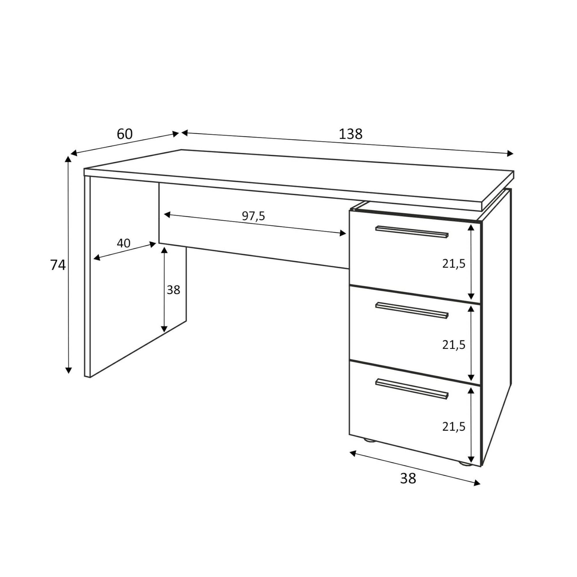 Scrivania Dallas, Scrittoio da ufficio moderno, Tavolo da studio con cassettiera a 2 cassetti e 1 anta, cm 138x60h74, Bianco