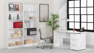 Scrivania Dallas, Scrittoio da ufficio moderno, Tavolo da studio con cassettiera a 2 cassetti e 1 anta, cm 138x60h74, Bianco