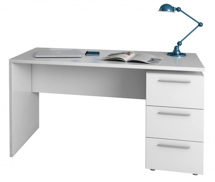 Scrivania Dallas, Scrittoio da ufficio moderno, Tavolo da studio con cassettiera a 2 cassetti e 1 anta, cm 138x60h74, Bianco