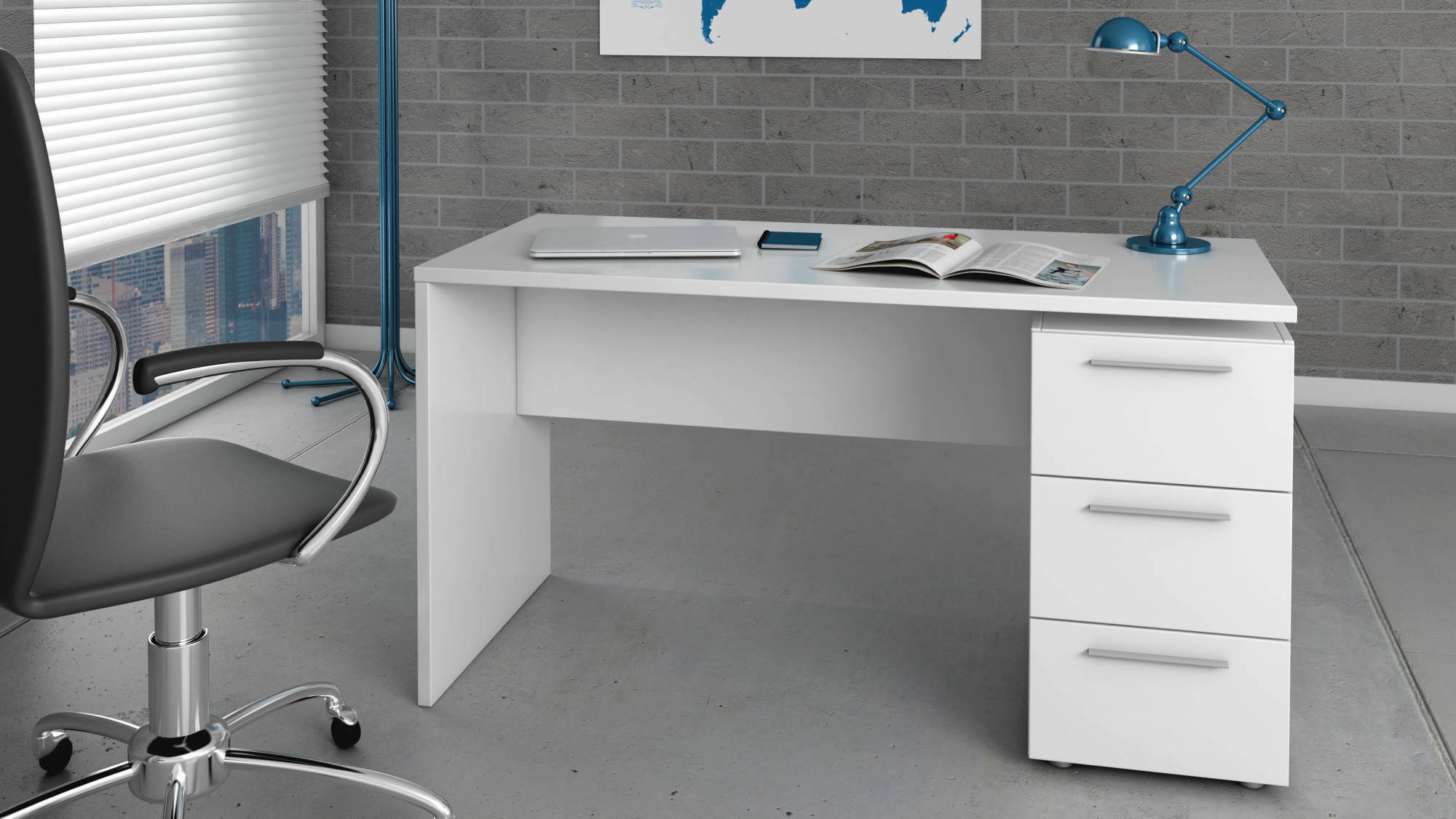 Scrivania Dallas, Scrittoio da ufficio moderno, Tavolo da studio con cassettiera a 2 cassetti e 1 anta, cm 138x60h74, Bianco