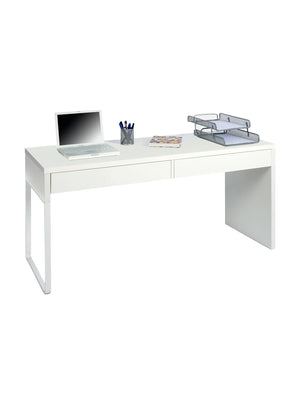 Scrivania Houston, Scrittoio reversibile da ufficio, Tavolo da studio porta PC con 2 cassetti, cm 138x50h75, Bianco lucido