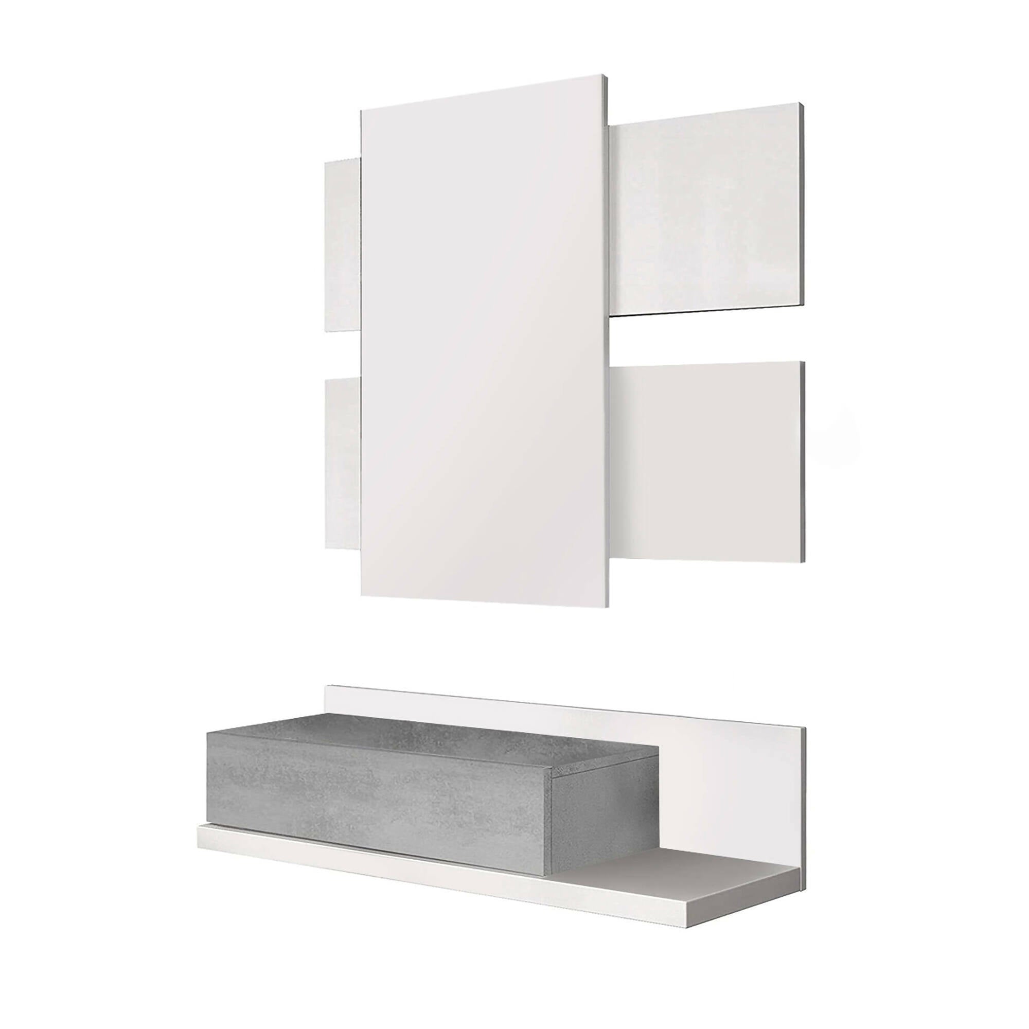 Mobile da ingresso Erie, Entratina sospesa con specchio, Mobile con cassetto per entrata, cm 75x29h90, Bianco e Cemento