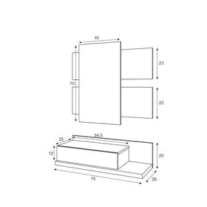 Mobile da ingresso Erie, Entratina sospesa con specchio, Mobile con cassetto per entrata, cm 75x29h90, Bianco e Cemento