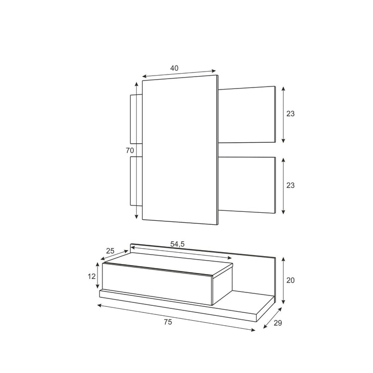 Mobile da ingresso Erie, Entratina sospesa con specchio, Mobile con cassetto per entrata, cm 75x29h90, Bianco e Cemento