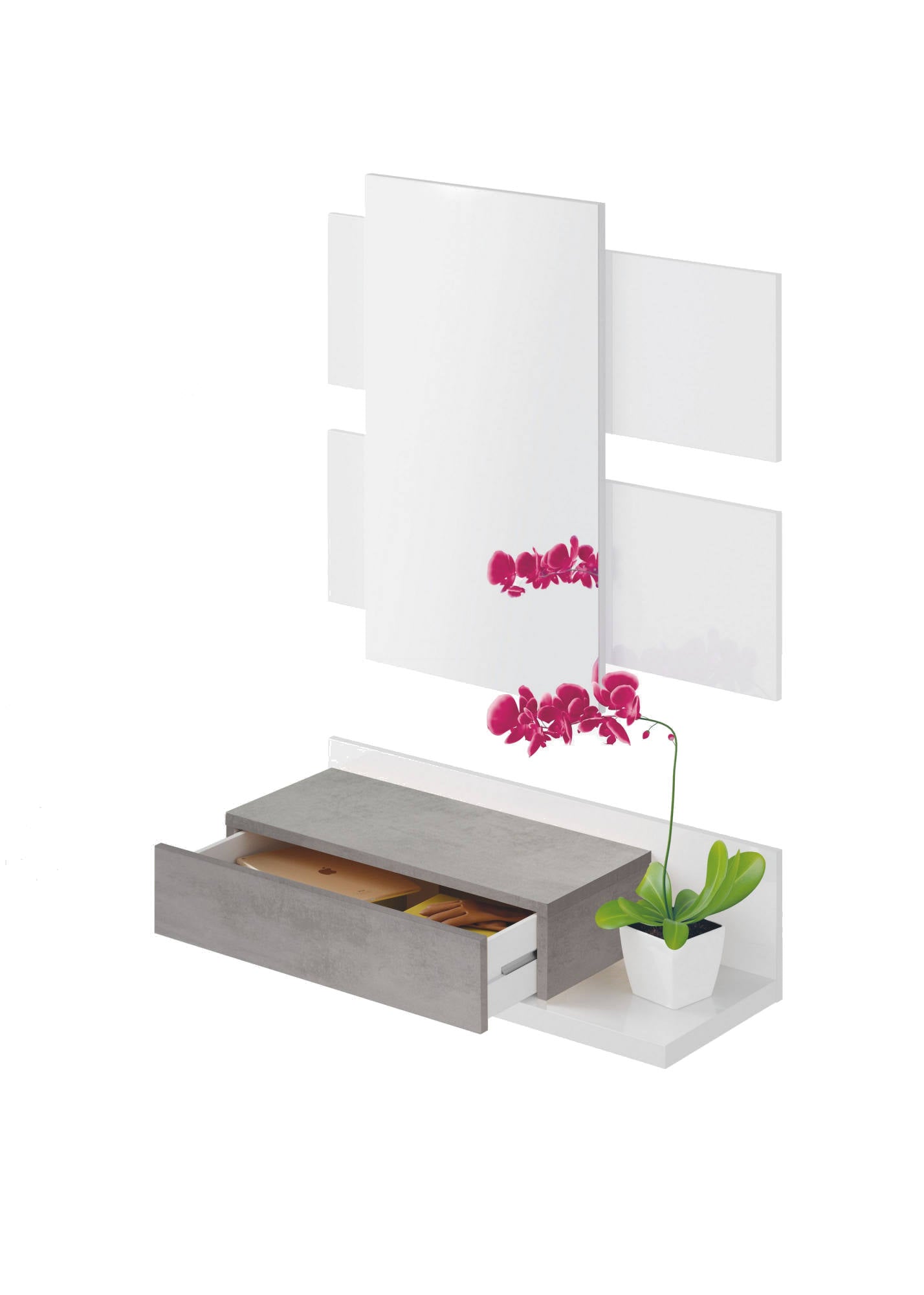 Mobile da ingresso Erie, Entratina sospesa con specchio, Mobile con cassetto per entrata, cm 75x29h90, Bianco e Cemento