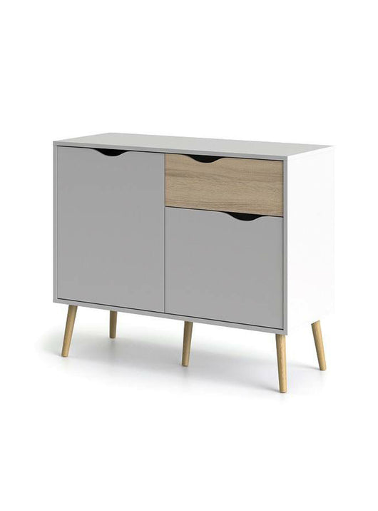 Credenza a due ante e un cassetto, colore bianco e rovere, Misure 98 x 81 x 39 cm