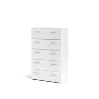 Cassettiera a cinque cassetti con maniglie, colore bianco, Misure 74 x 114 x 36 cm