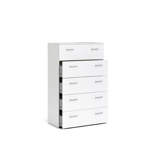 Cassettiera a cinque cassetti con maniglie, colore bianco, Misure 74 x 114 x 36 cm
