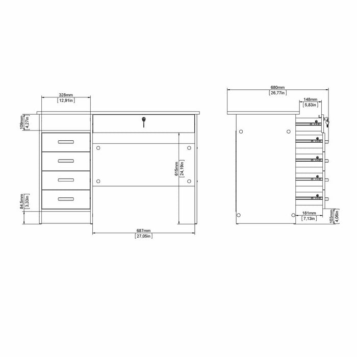 Scrivania a cinque cassetti, colore bianco, Misure 109 x 75 x 48 cm