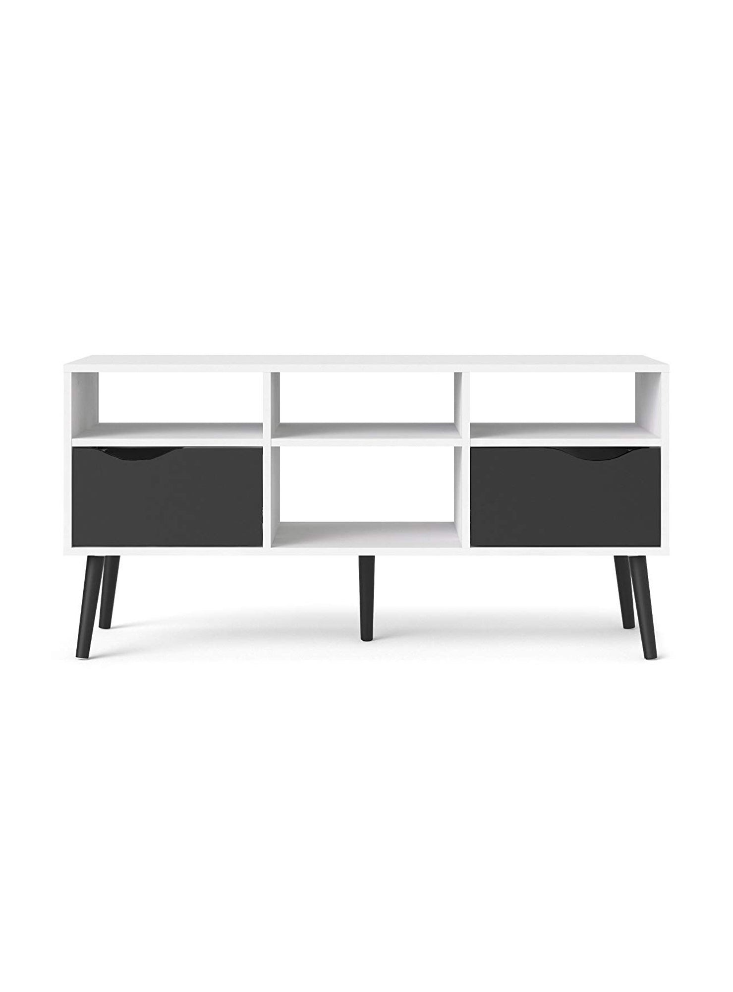 Mobile porta TV a due cassetti e scomparti aperti, colore bianco e nero, cm 117 x 57 x 39