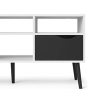 Mobile porta TV a due cassetti e scomparti aperti, colore bianco e nero, cm 117 x 57 x 39