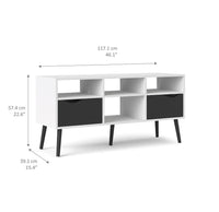 Mobile porta TV a due cassetti e scomparti aperti, colore bianco e nero, cm 117 x 57 x 39