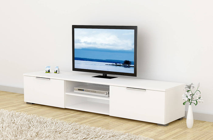 Mobile porta TV a due cassetti, colore bianco lucido, cm 172 x 33 x 39