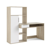 Scrivania multifunzione con libreria, cassetto e anta, colore bianco e rovere, cm 162 x 155 x 60