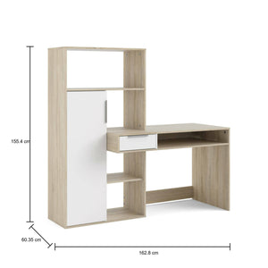 Scrivania multifunzione con libreria, cassetto e anta, colore bianco e rovere, cm 162 x 155 x 60