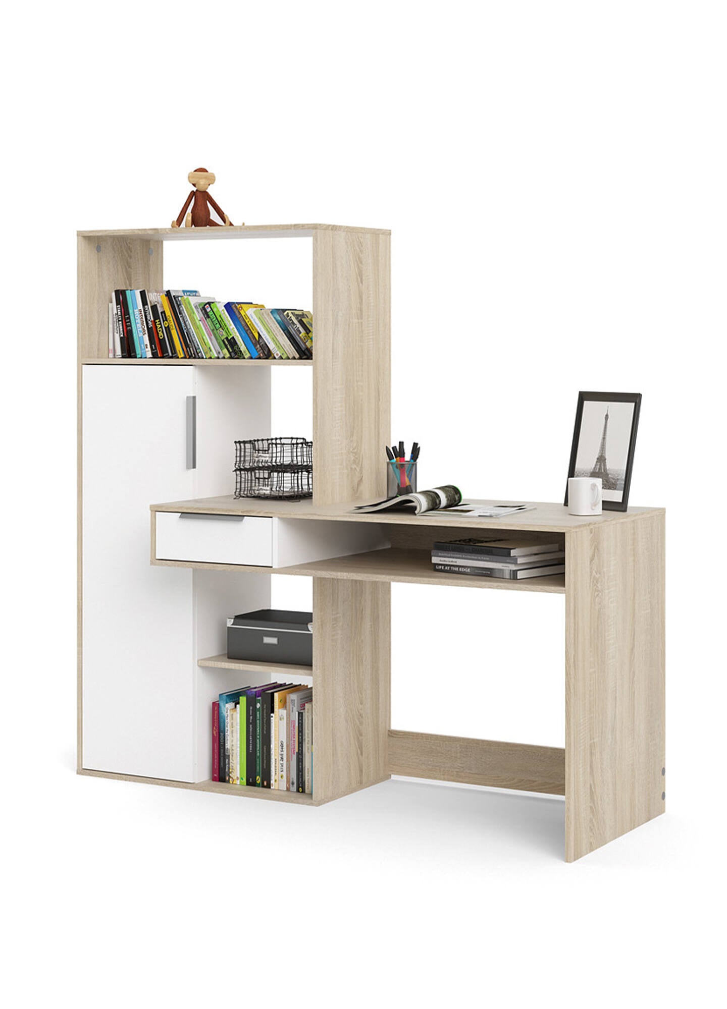 Scrivania multifunzione con libreria, cassetto e anta, colore bianco e rovere, cm 162 x 155 x 60