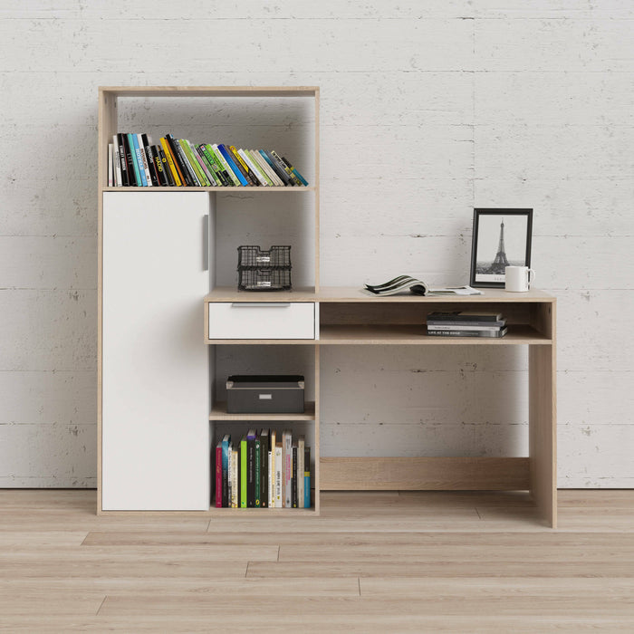 Scrivania multifunzione con libreria, cassetto e anta, colore bianco e rovere, cm 162 x 155 x 60