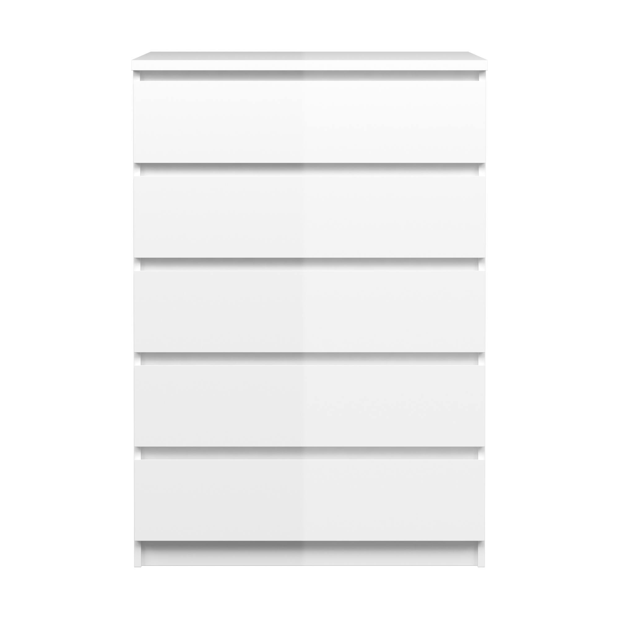Cassettiera a cinque cassetti, colore bianco lucido, Misure 77 x 113 x 50 cm