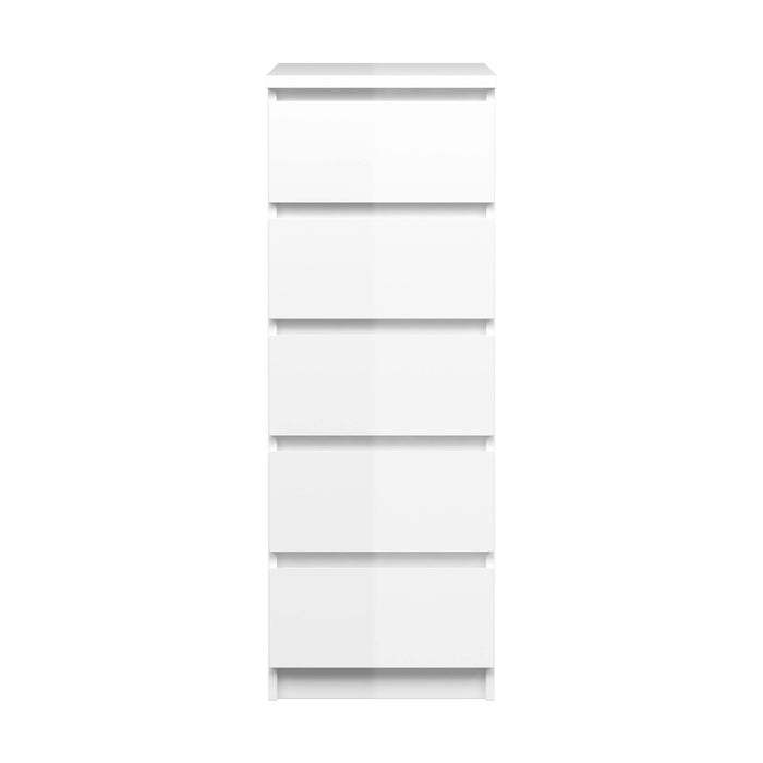 Cassettiera a cinque cassetti, colore bianco lucido, cm 40 x 111 x 50