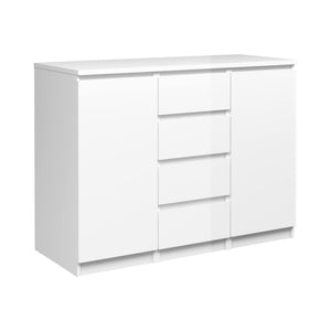 Credenza con ante e cassetti, colore bianco lucido, cm 120 x 90 x 50