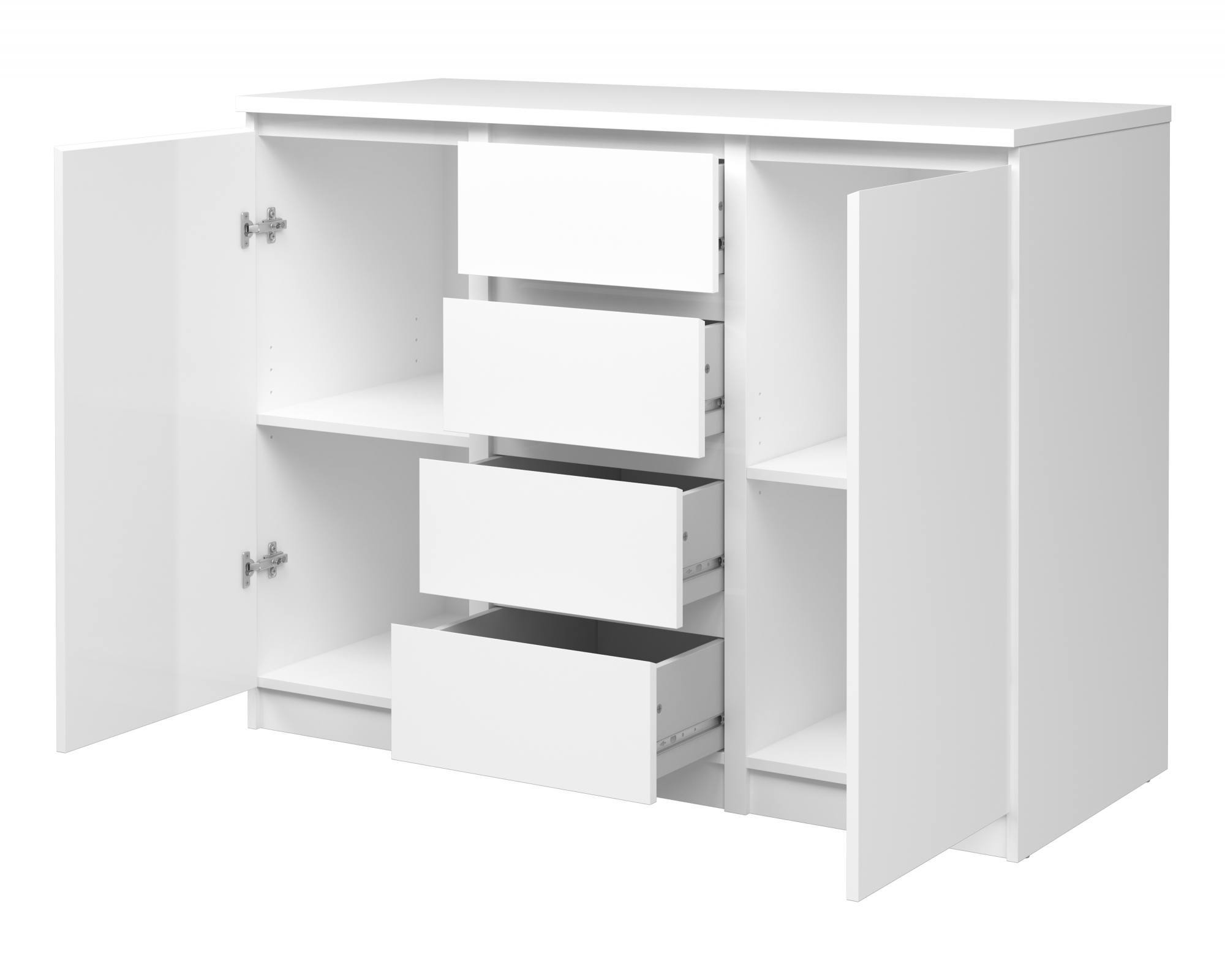 Credenza con ante e cassetti, colore bianco lucido, cm 120 x 90 x 50