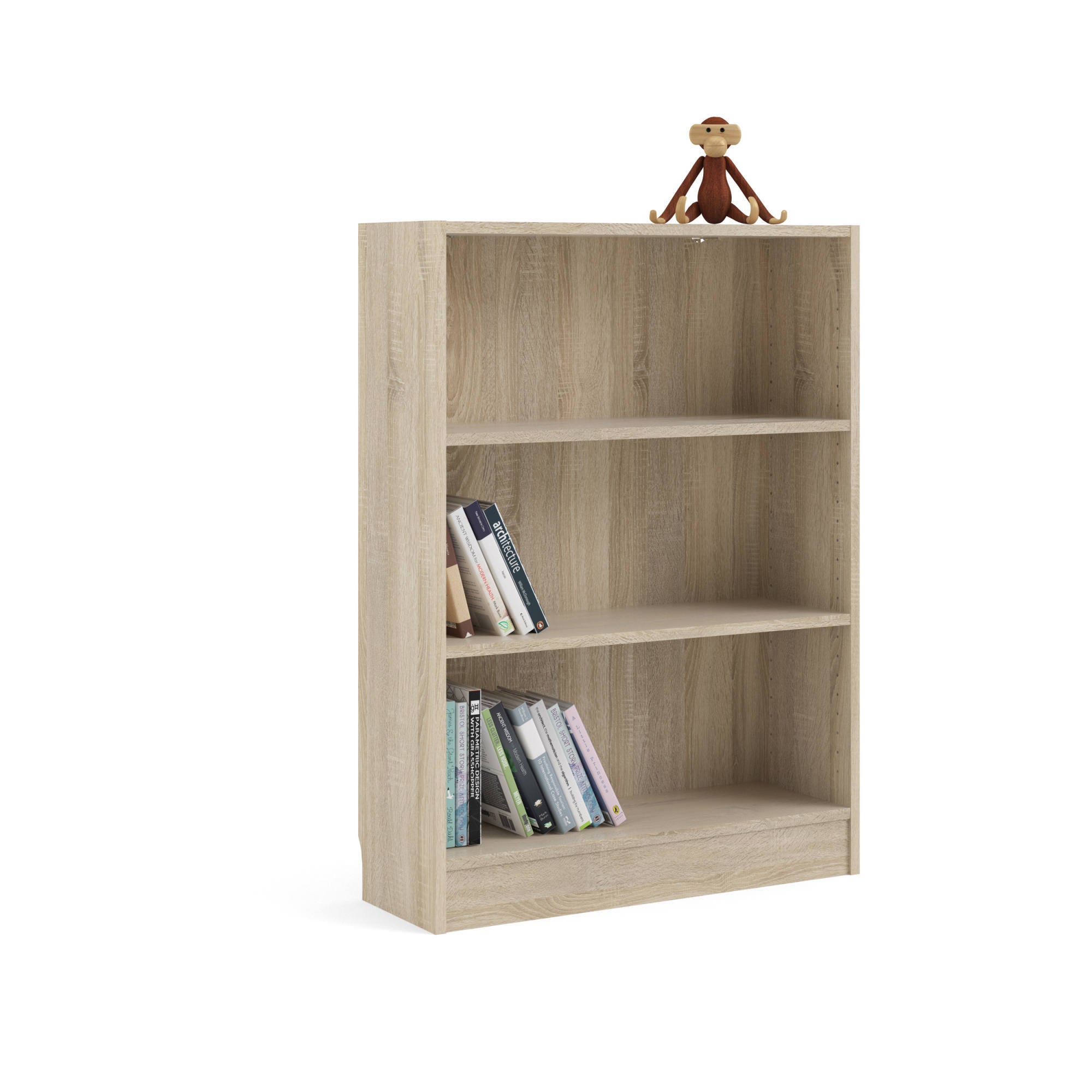 Libreria a tre vani, colore rovere, cm 79 x 107 x 26