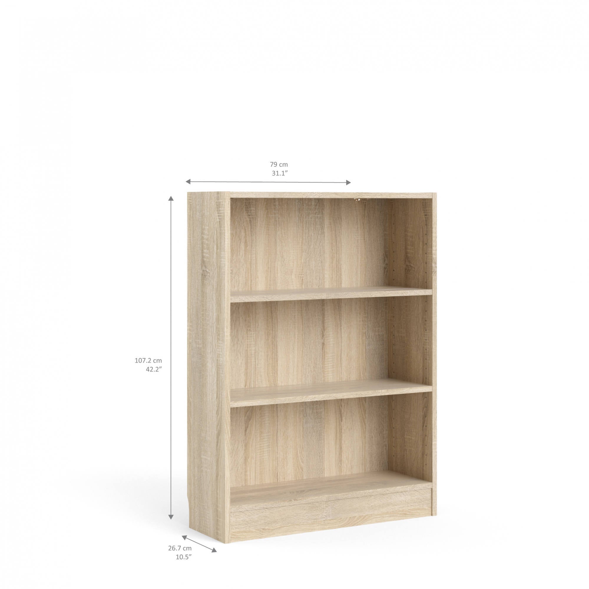 Libreria a tre vani, colore rovere, cm 79 x 107 x 26