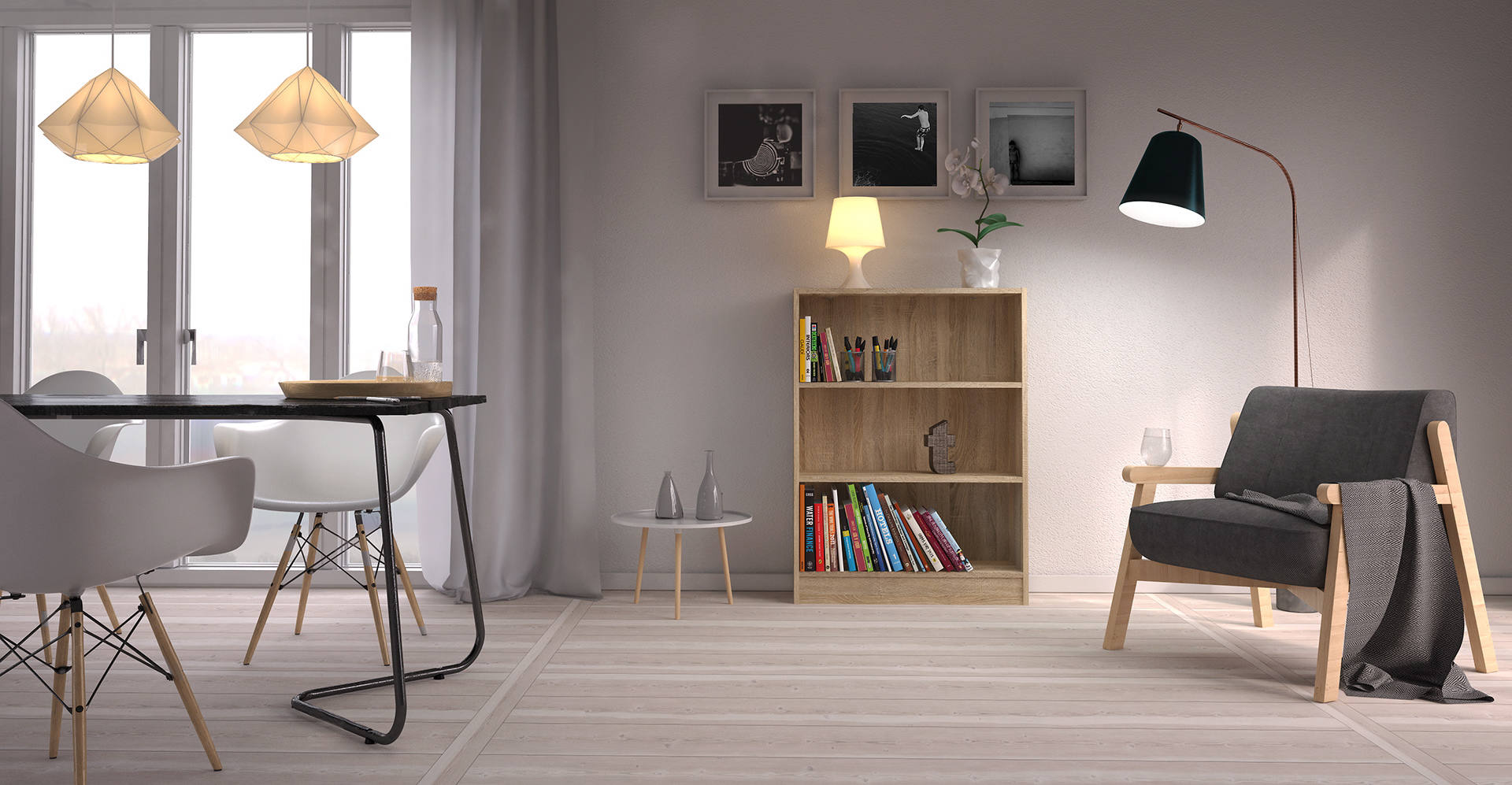 Libreria a tre vani, colore rovere, cm 79 x 107 x 26