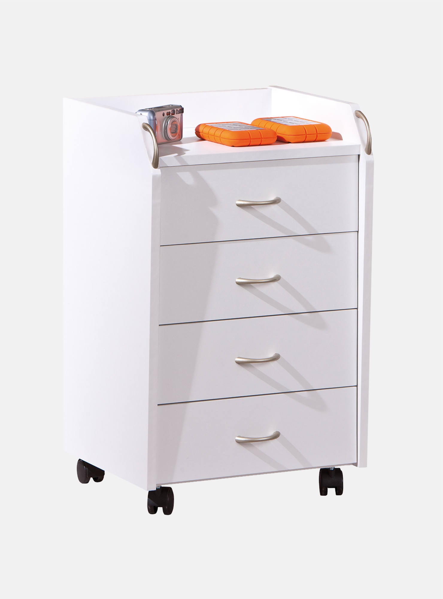 Cassettiera con ruote, 4 cassetti, 40 x 36 x 65 cm, mobile per ufficio, bianco