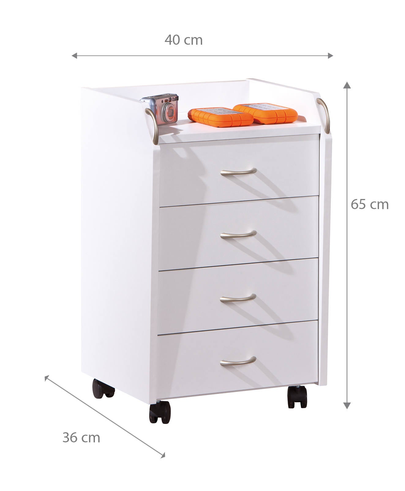 Cassettiera con ruote, 4 cassetti, 40 x 36 x 65 cm, mobile per ufficio, bianco