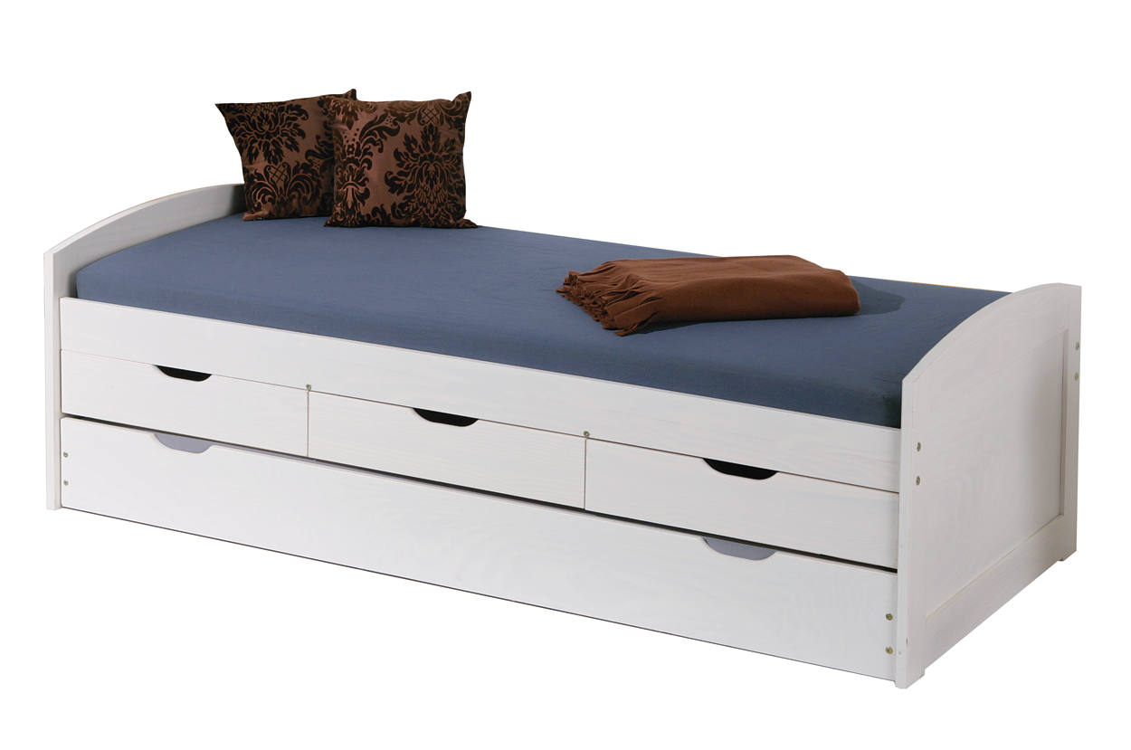 Letto singolo con letto estraibile inferiore e tre cassetti, colore bianco, cm 98 x 63 x 195