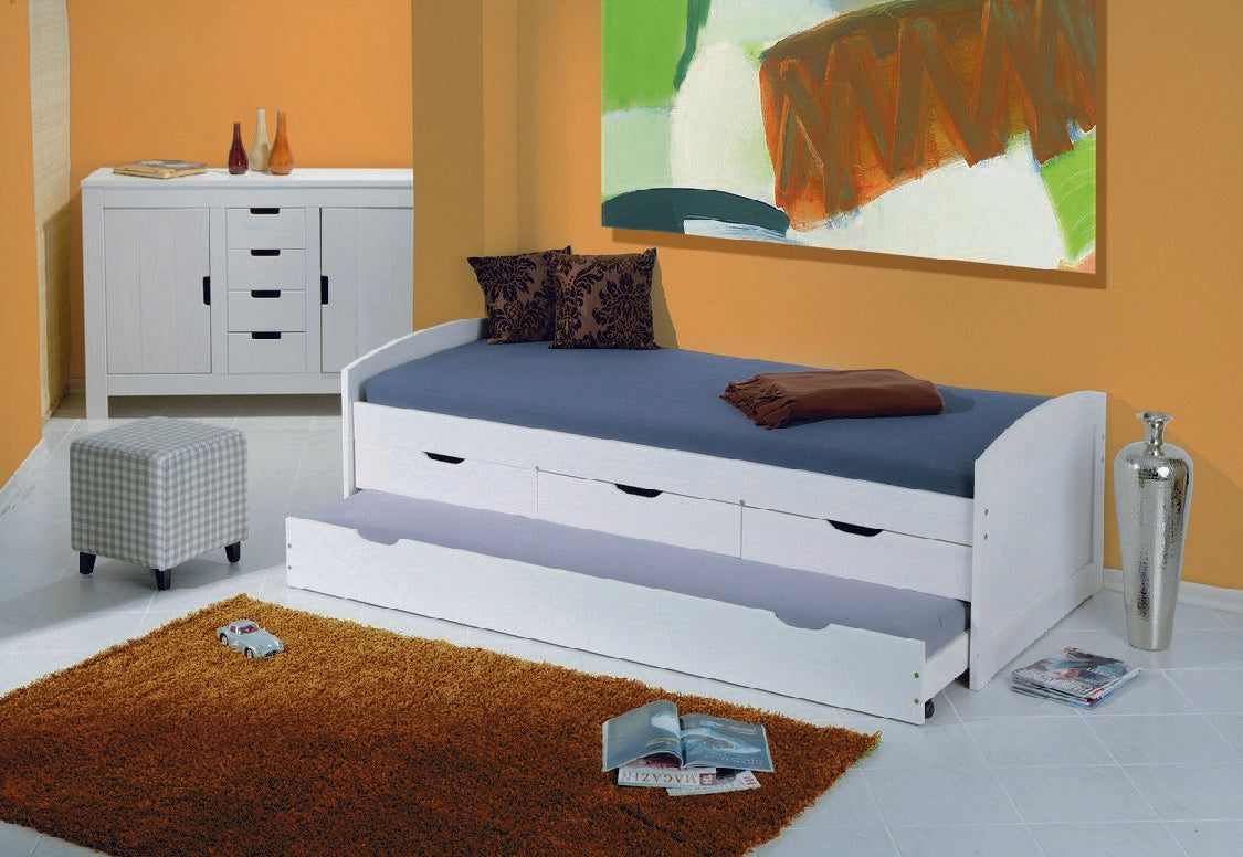 Letto singolo con letto estraibile inferiore e tre cassetti, colore bianco, cm 98 x 63 x 195