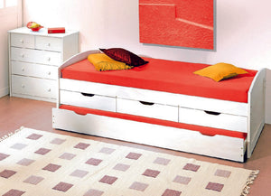 Letto singolo con letto estraibile inferiore e tre cassetti, colore bianco, cm 98 x 63 x 195