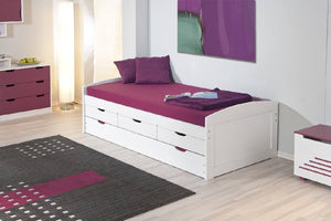 Letto singolo con letto estraibile inferiore e tre cassetti, colore bianco, cm 98 x 63 x 195