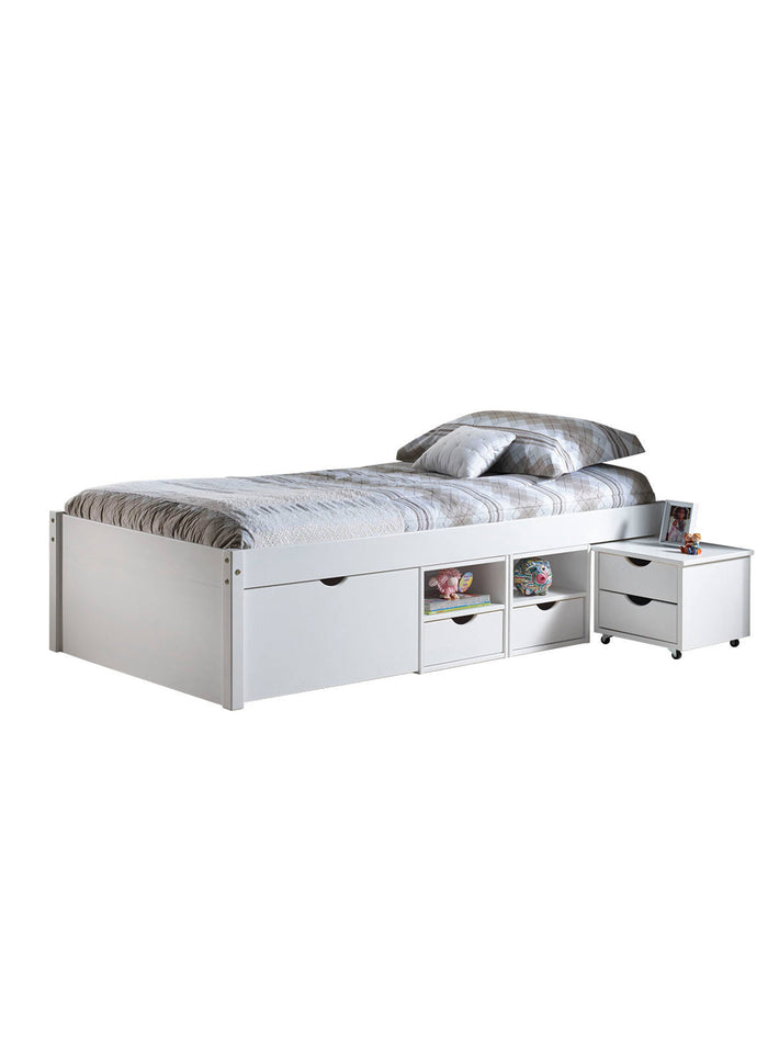 Letto con vani contenitore e comodino conruote incluso in pino massello verniciato ad acqua bianco, cm 209 x 96 x 47,5