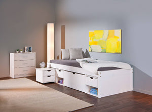 Letto con vani contenitore e comodino conruote incluso in pino massello verniciato ad acqua bianco, cm 209 x 96 x 47,5