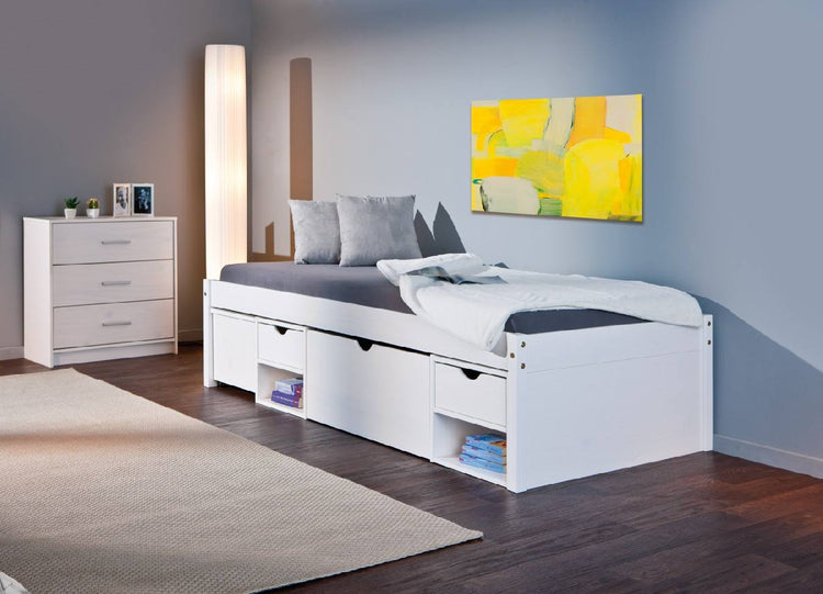 Letto con vani contenitore e comodino conruote incluso in pino massello verniciato ad acqua bianco, cm 209 x 96 x 47,5