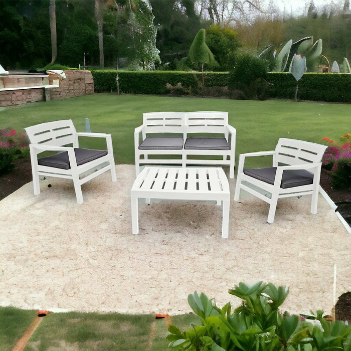 Set salotto da esterno Massa, Set da giardino con cuscini composto da 2 poltrone, 1 divano e 1 tavolino, Salottino indoor, 100% Made in Italy, Cm 133x65h75, Bianco