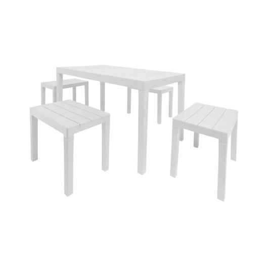 Set salotto da esterno Sanremo, Set da giardino composto da 4 panchine e 1 tavolo da pic nic, Salottino indoor, 100% Made in Italy, Cm 138x78h72, Bianco