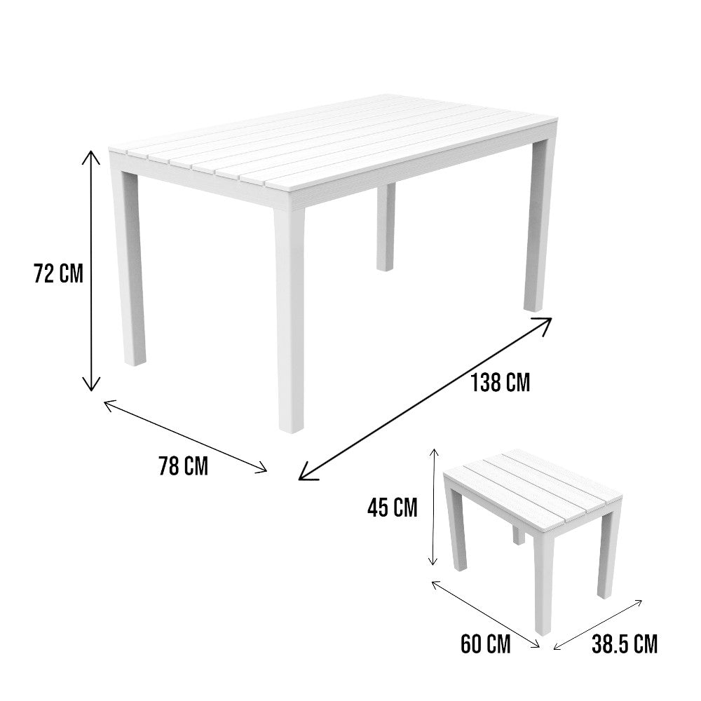 Set salotto da esterno Sanremo, Set da giardino composto da 4 panchine e 1 tavolo da pic nic, Salottino indoor, 100% Made in Italy, Cm 138x78h72, Bianco