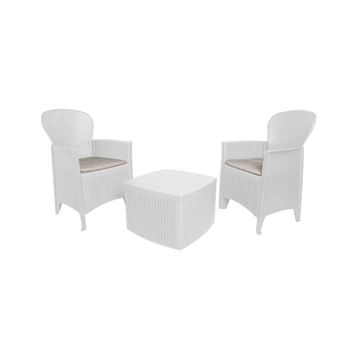 Set salotto da esterno Napoli, Set da giardino con cuscini composto da 2 poltrone, 1 divano e 1 tavolino, Salottino indoor effetto rattan, 100% Made in Italy, Cm 60x58h90, Bianco