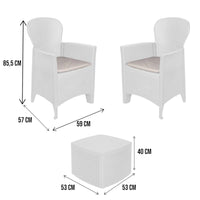 Set salotto da esterno Napoli, Set da giardino con cuscini composto da 2 poltrone, 1 divano e 1 tavolino, Salottino indoor effetto rattan, 100% Made in Italy, Cm 60x58h90, Bianco