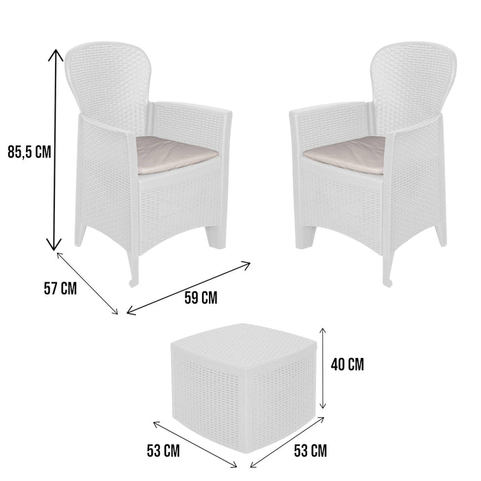 Set salotto da esterno Napoli, Set da giardino con cuscini composto da 2 poltrone, 1 divano e 1 tavolino, Salottino indoor effetto rattan, 100% Made in Italy, Cm 60x58h90, Bianco