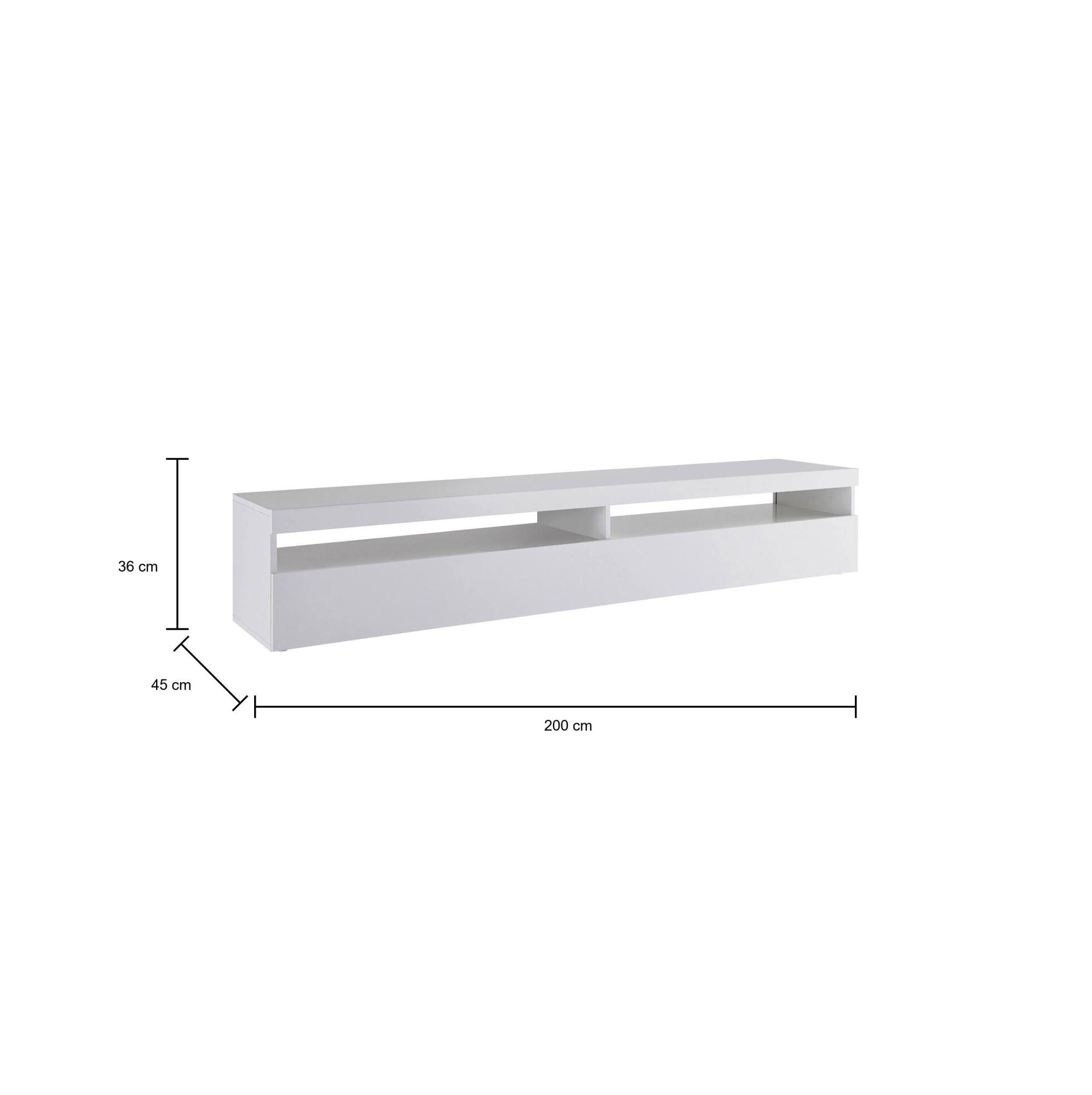 Mobile da soggiorno Porta TV, Made in Italy, Credenza per TV a 1 anta a ribalta e ripiani, cm 200x45h36, Bianco lucido