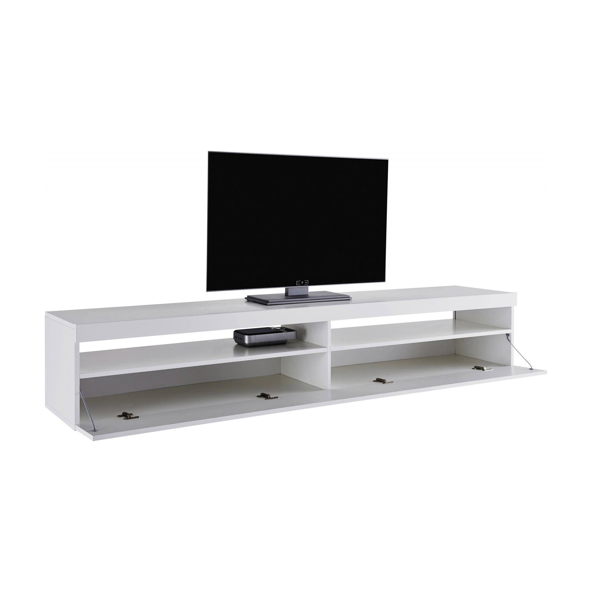 Mobile da soggiorno Porta TV, Made in Italy, Credenza per TV a 1 anta a ribalta e ripiani, cm 200x45h36, Bianco lucido