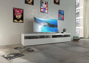 Mobile da soggiorno Porta TV, Made in Italy, Credenza per TV a 1 anta a ribalta e ripiani, cm 200x45h36, Bianco lucido