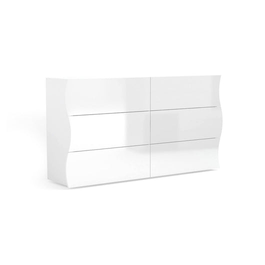 Comò ondulato, Made in Italy, Mobiletto per Soggiorno e Camera, Credenza 6 cassetti, Bianco lucido, cm 155x40h82