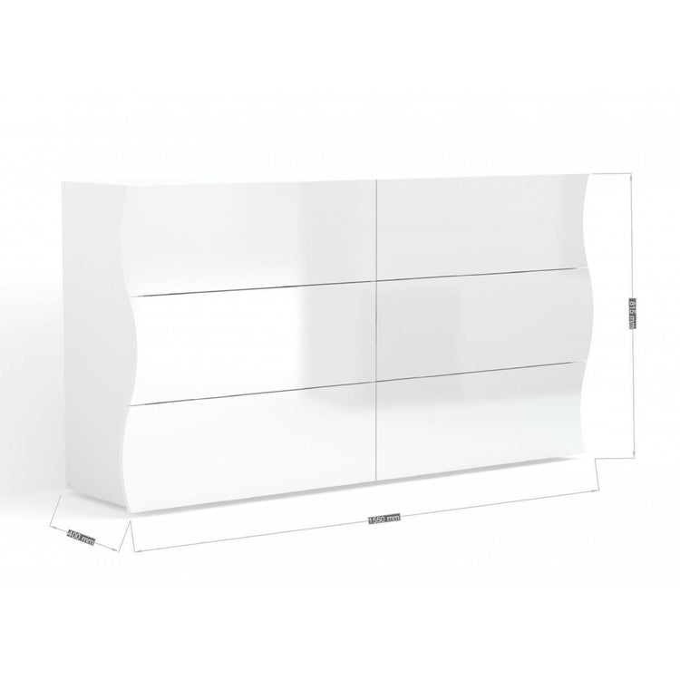 Comò ondulato, Made in Italy, Mobiletto per Soggiorno e Camera, Credenza 6 cassetti, Bianco lucido, cm 155x40h82