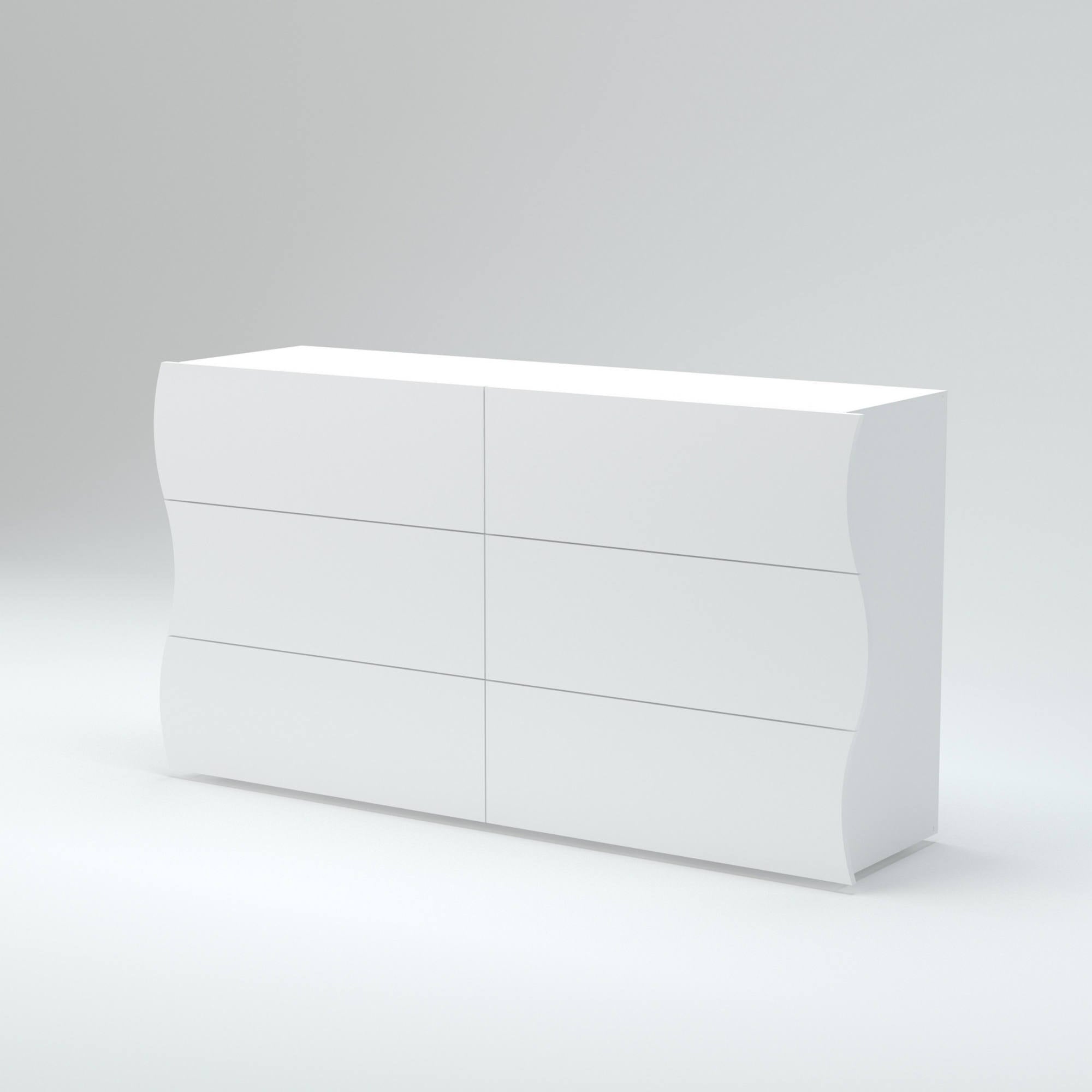 Comò ondulato, Made in Italy, Mobiletto per Soggiorno e Camera, Credenza 6 cassetti, Bianco lucido, cm 155x40h82